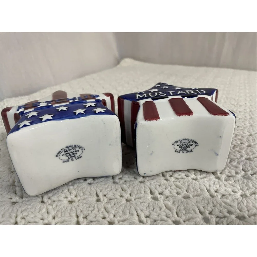 American Flag Mustard & Ketchup Catsup Pump Dispenser Set New Open Box